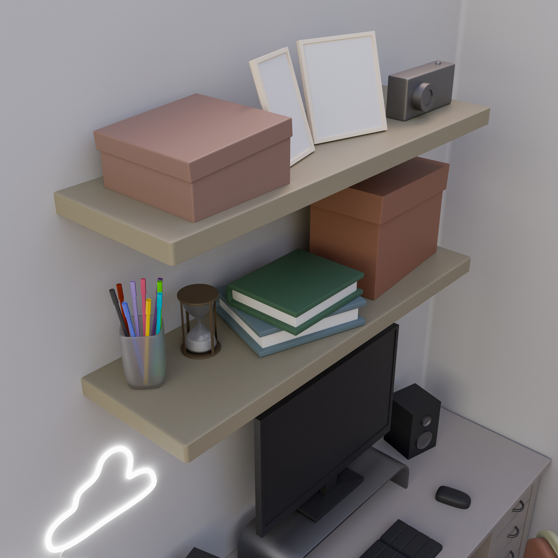 Close view of some wall Shelf in an sweet isomteric bedroom modelling, texturing, lighting project. made in blender